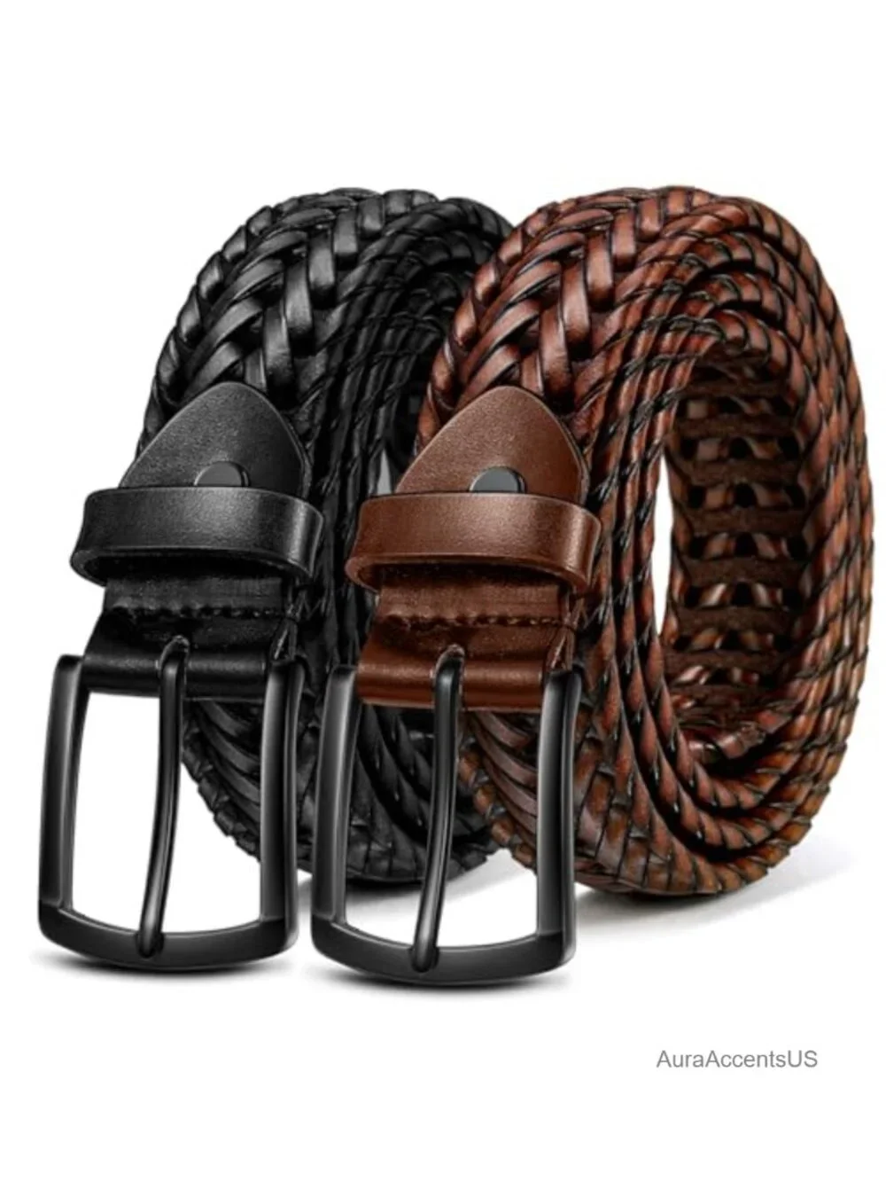 Men's Braided Woven Faux Leather Belt 2-Pack Holeless Adjustable